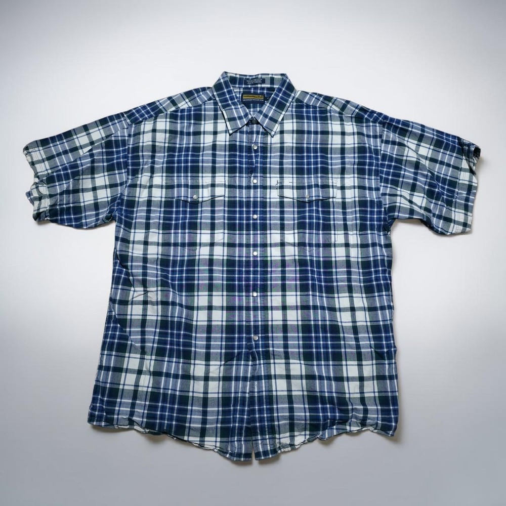 Vintage Panhandle Slim Western Shirt Mens XL Blue Plaid Pearl Snap Rodeo Short